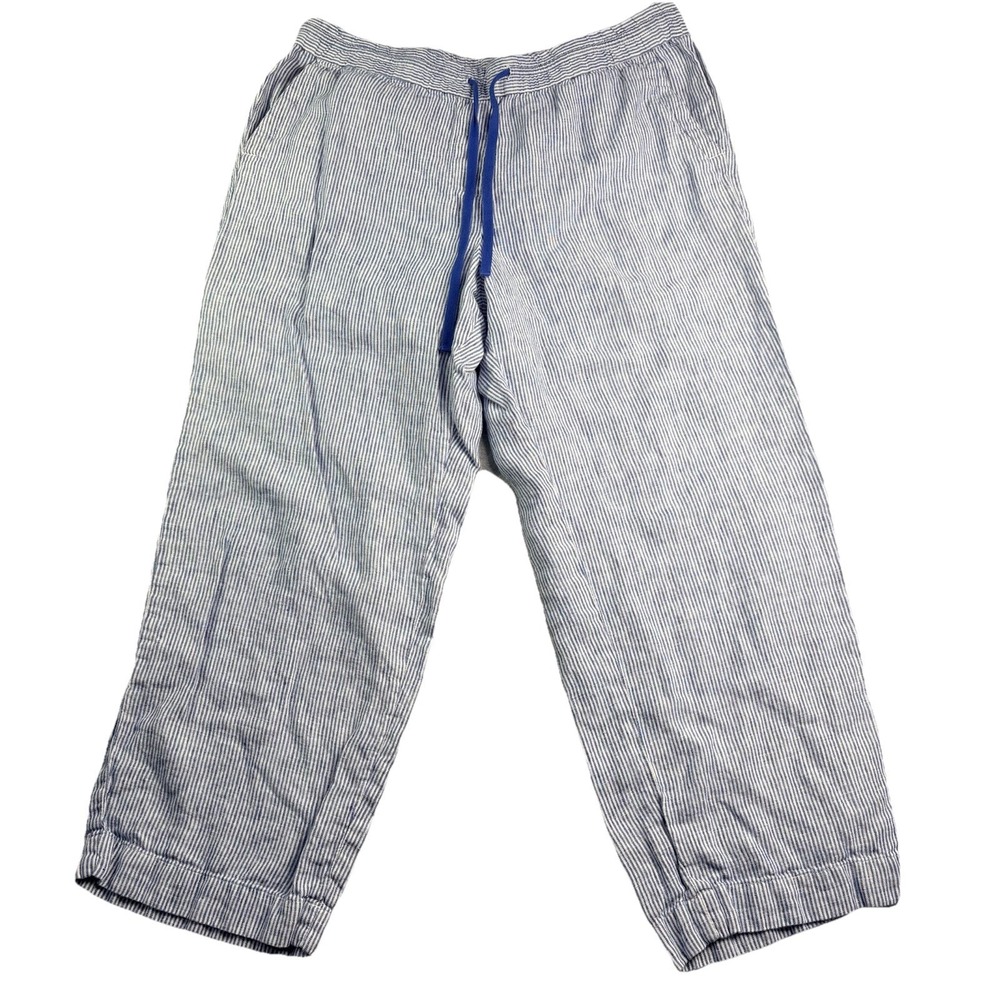 Talbots Linen 100% Linen Pants Women's XLP Blue Striped Coastal Beachy Pull On